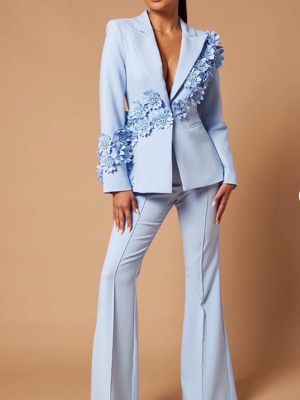 Fashion Nova Light Blue Floral-Appliqué Blazer with Flared Pants Size Small